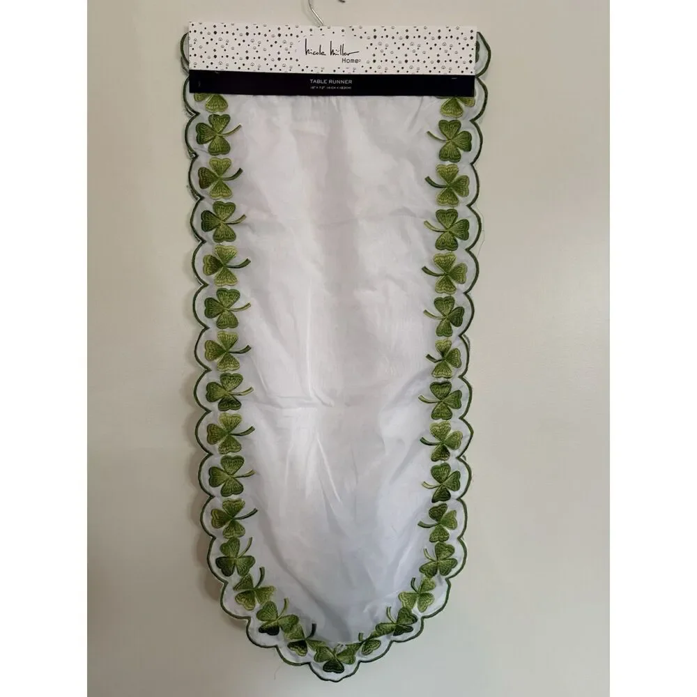 Nicole Miller Home St. Patrick’s Day Sheer Table Runner Clover Embroidery 16x72